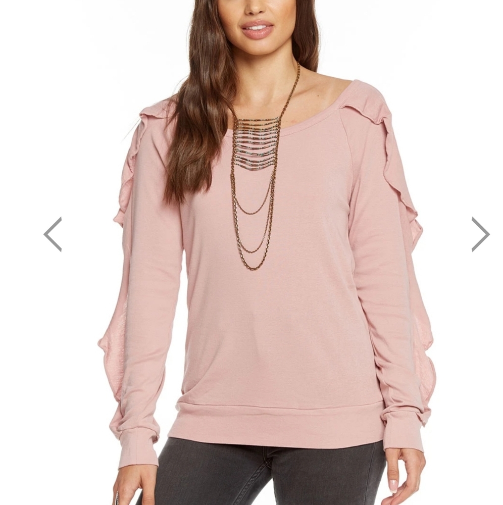 Chaser brand baby rib ruffle open neck raglan.
